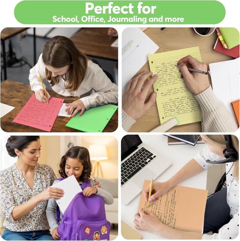 Manaloom Colored Notebook Paper – 8.5 x 11, 150 Sheets – Thick 80 gsm College Ruled Colorful Loose Leaf Filler Paper – 3-Hole Punched Binder Papers for School, Office, and Journaling (Bright) - Image 5